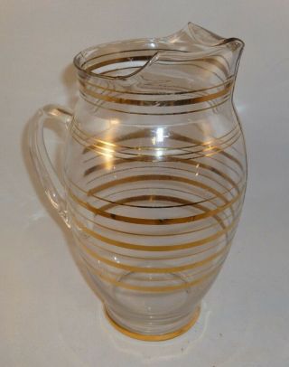 Mcm Vintage Hollywood Regency Style Glass Pitcher Clear With Gold Banding 11 "