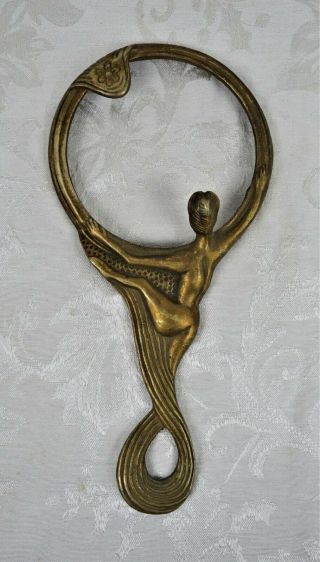 Vintage Art Nouveau Deco Nude Woman Figural Brass Hand Mirror Frame