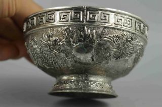 Ancient Collectable Old Miao Silver Carve Auspicious Dragon Phoenix Noble Bowls