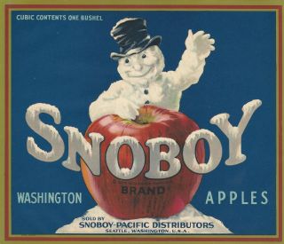 Rare Old 1925 Snowman " Snoboy Brand " Apple Label Seattle Washington