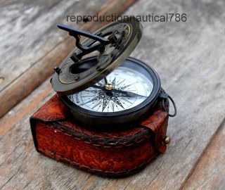 Maritime Nautical Antique Solid Brass Pocket Compass With Leather Case Decor