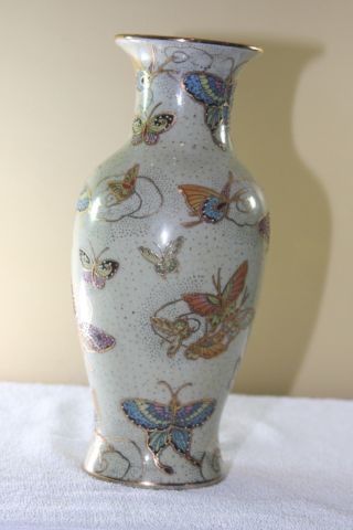 Vintage Chinese Crackle Glaze Butterfly Hand Painted Satsuma Vase