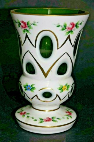 Old Bohemian Cased Glass Hand Painted Vase - Very Rare - L@@k