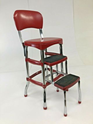 Vintage Cosco Step Stool Metal Rustic Industrial Side Chair Folding Red Kitc 929