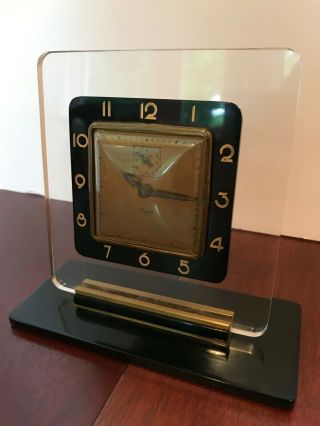 Vintage Elexa Wind - Up Clock W/ Black & Gold Accents - Great For Desk/mantel