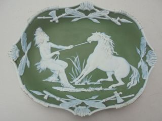 Antique Gebruder Heubach Green Jasperware Lg Indian Taming Horse Tray 8 3/8 "