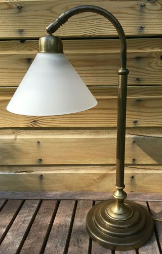 Laura Ashley Brass Swan Neck Ribbed Column Stem & Frost Shade Table Lamp Light