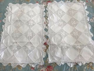 Antique White Lace Handmade Pillowcases Crochet Cotton Back - 26x16”,  Edges