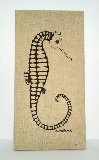 Vintage Marushka Seahorse Fabric Art Screen Print On Canvas Burlap Fabric