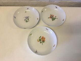 Vtg Antique German Nymphenburg Porcelain Set 3 Low Bowls Dishes Painted Flowers