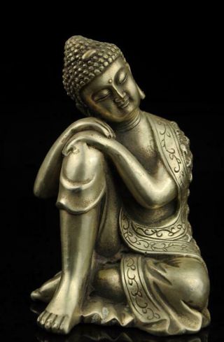 Old Tibet Hand Carved Sleeping Buddha Copper Plating Silver Buddha Statue D02