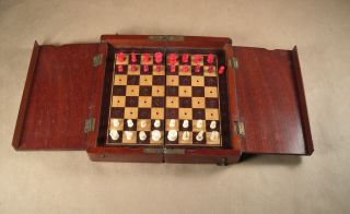 Old Traveling Chess Set In A Folding Mahogany Box