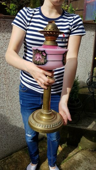 Antique Victorian Twin Burner Oil Lamp Pink Font