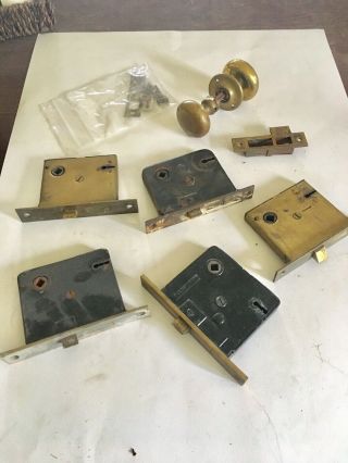 5 Vintage Antique Mortise Door Locks,  Brass Knob Set,  Strike Plate - Russwin