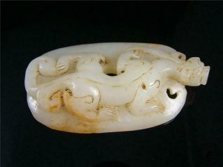 Antique Old Chinese Nephrite Celadon Jade Carved Pendant Netsuke Powerful Dragon