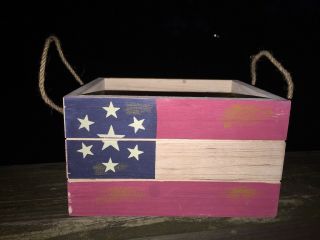 Vintage Americana Primitive Wooden Box Usa Flag Stars & Stripes Basket 4/6 ❤️j8