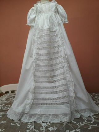 Antique Dress Christening Gown Victorian Baby Lace Embroidery Doll White Cotton
