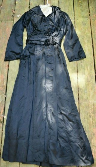 Antique Victorian Mourning Dress Black Satin Lace Collar
