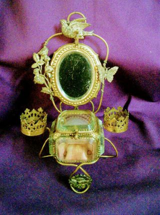 Antique Victorian Beveled Glass Jewelry Casket Box Mirror Vanity