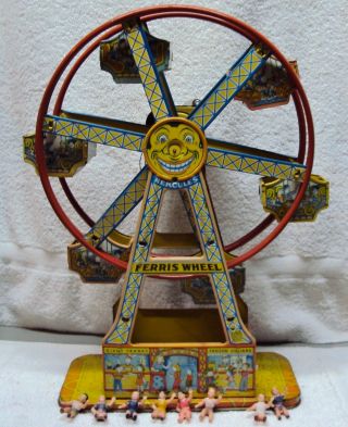 J Chein Hercules Ferris Wheel Wind - Up Toy Tin Litho Outstanding Graphics