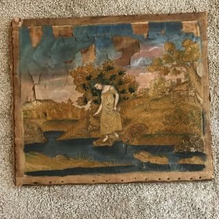 Antique Oil On Canvas / Sampler / Woolwork / Needlepoint / Tapestry