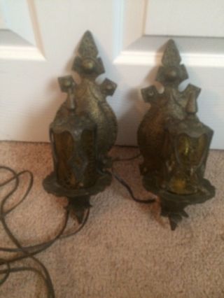 Pair Antique Vintage Brass Candle Style Wall Sconce Electric Light Fixture