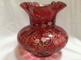 Antique Bohemian Hand - Painted Cranberry Vase With Ruffled Edge