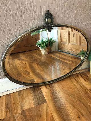 Small Art Deco Nouveau Brass Frame Bevelled Oval Vintage Wall Mirror Crest