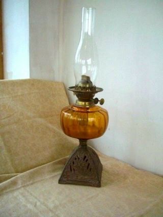 Oil Lamp Vintage Amber Glass With Dafodil Decoration Lovely Piece