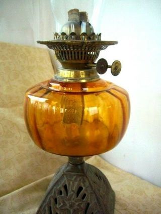 Oil Lamp Vintage Amber Glass with Dafodil decoration lovely piece 2