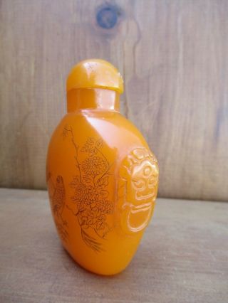 Chinese Ch ' ing Dynasty Snuff Bottle Amber Butterscotch Incised Bird Motif c.  1900 8