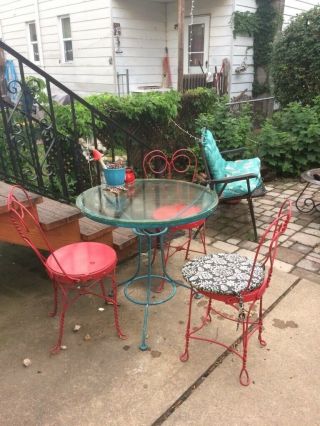Vintage Glass Top Bistro Table With 3 Ice Cream Parlor Chairs