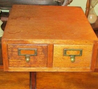 Antique Wood Desk Top 2 Drawer Library Card File Cabinet 16 1/2 " X 14 " X 5 1/2 "