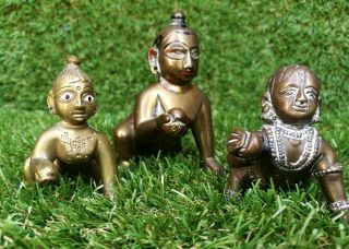 3 Antique Miniature Indian Brass Child Krishna Figures Crawling Sri Navaneetha