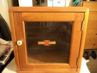 Vintage Wood Barber Sterilizer Cabinet 2 Glass Shelves