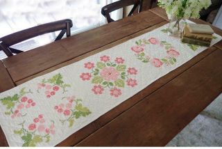 Long Vintage Pink Green Embroidered Table Quilt Runner Cottage Romance 59x14