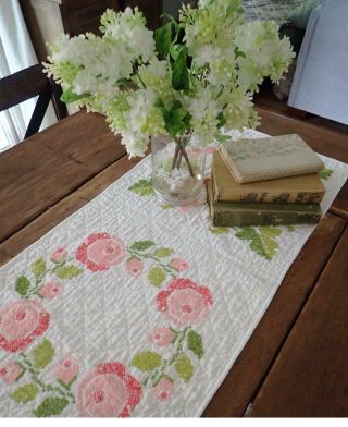 LONG Vintage Pink Green Embroidered Table QUILT RUNNER Cottage Romance 59x14 2