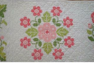 LONG Vintage Pink Green Embroidered Table QUILT RUNNER Cottage Romance 59x14 3