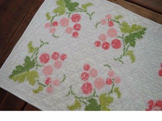 LONG Vintage Pink Green Embroidered Table QUILT RUNNER Cottage Romance 59x14 4