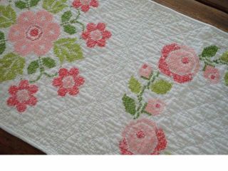 LONG Vintage Pink Green Embroidered Table QUILT RUNNER Cottage Romance 59x14 5