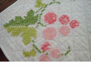 LONG Vintage Pink Green Embroidered Table QUILT RUNNER Cottage Romance 59x14 6