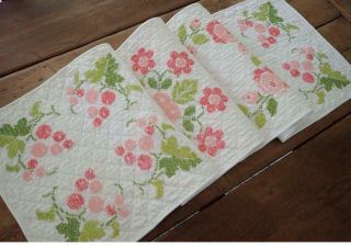 LONG Vintage Pink Green Embroidered Table QUILT RUNNER Cottage Romance 59x14 7