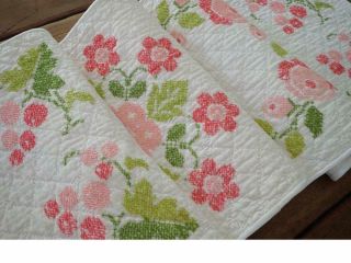 LONG Vintage Pink Green Embroidered Table QUILT RUNNER Cottage Romance 59x14 8