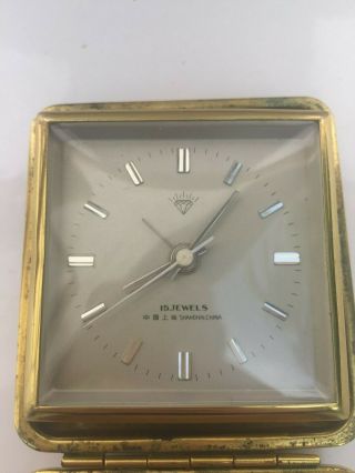Vintage Mechanical Travel Alarm Clock Box Diamond China Shanghai 15 Jewels Old 6
