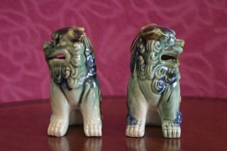 Vintage Detailed Fu Foo Dog Figures Statues Ceramic Glazed Pair Green Brown Blue 2