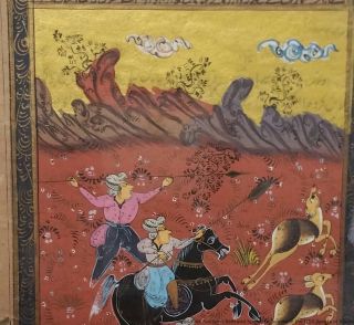 Antique Persian Islamic Mughal Indian Gilt Manuscript Page Painting Deer Hunt 3