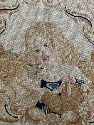 Antique Pettipoint Embroidery Of A Young Girl Loving Her Cat.  French.  C19th