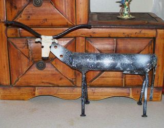 Antique/vintage Folk Art Hand Made Primitive Metal Long Horn Cow Statue