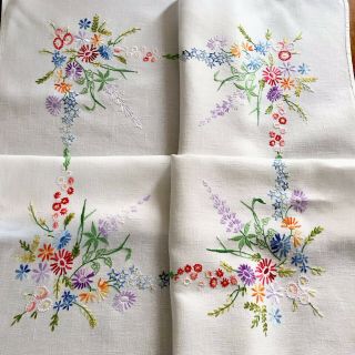 Vintage Hand Embroidered Off White Linen Tablecloth 34x35 Inches