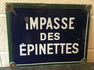 Vintage French Enamel Street Sign Impasse Des Epinettes - Paris